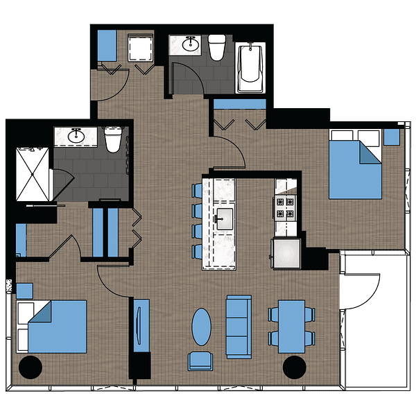 A floor plan of a 1000 South Clark apartment, number 05+14, showing a living room, bedrooms, and bathrooms.,