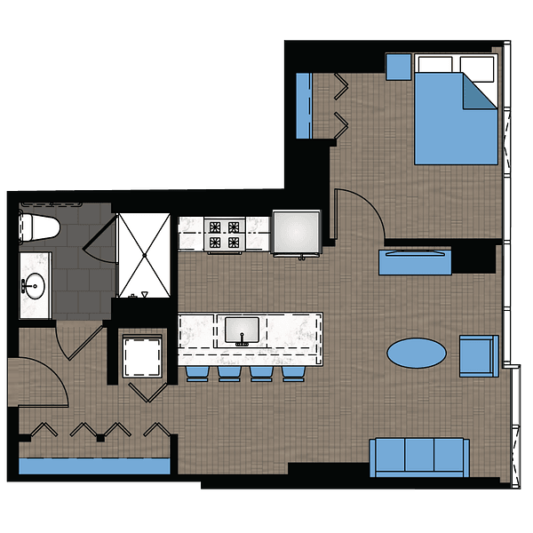 A floor plan for a 1 Bedroom 1 Bathroom apartment at 1000 South Clark Street.,