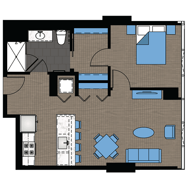 A floor plan of an apartment with the numbers 07, 08, 11, and 12 indicating the room numbers.,