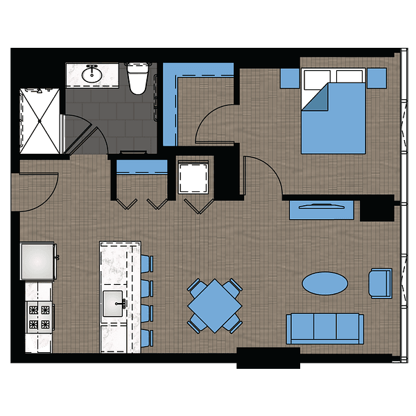 A floor plan of a 1 bedroom, 1 bath apartment with a living room and a kitchen.,