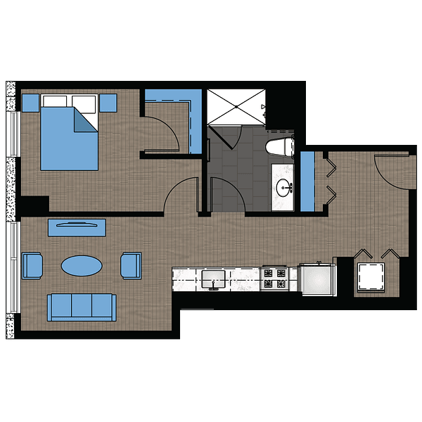 A floor plan of a 1 bedroom 1 bath apartment with a total of 660 square feet.,