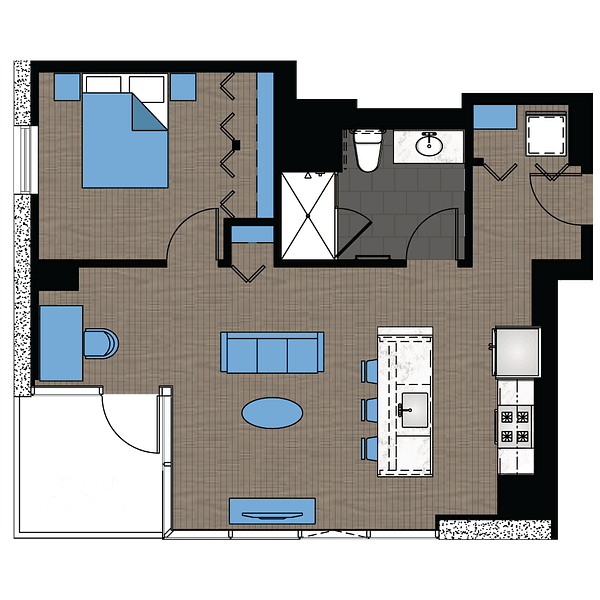 A floor plan for a 1500 square foot residence with one bedroom, one bath, and a total outdoor space of 73 square feet.,