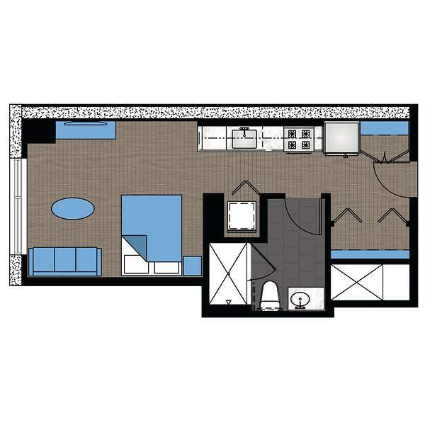 A floor plan of a studio apartment at 1000 South Clark.,