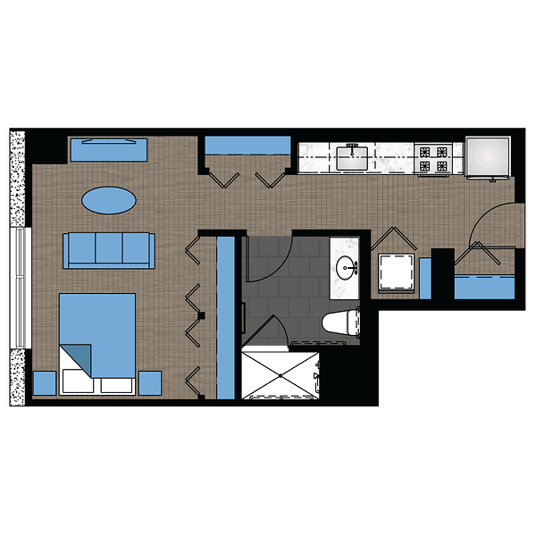 A floor plan of a studio apartment with a living room, bedroom, and bathroom.,