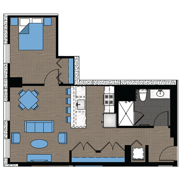 A floor plan of a 1 bedroom, 1 bathroom apartment with a total indoor area of 765 square feet.,