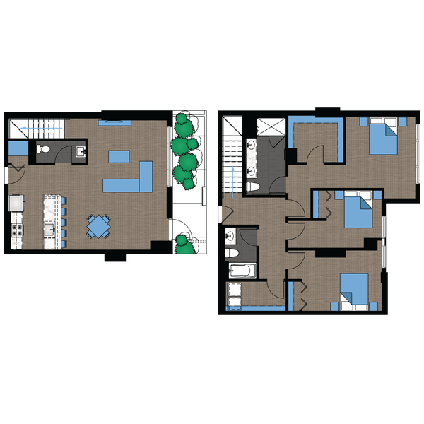 A floor plan for a 101+102 apartment showing two bedrooms, two bathrooms, and a living area.,